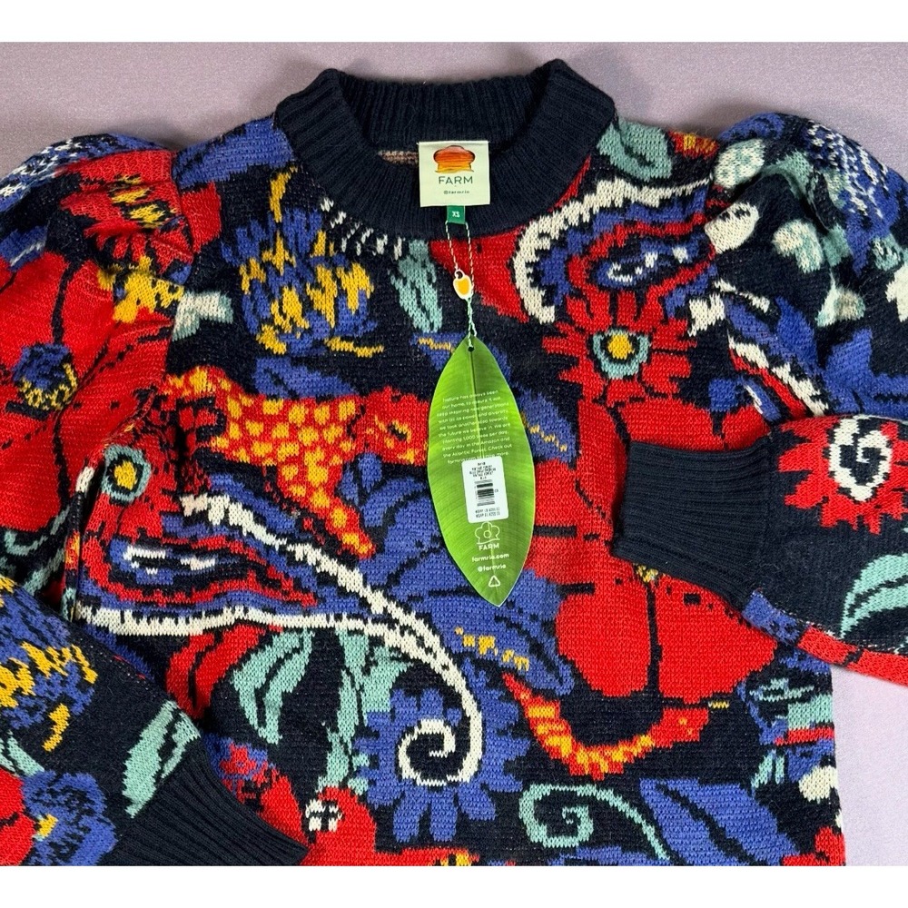 Farm Rio‎ Women's XS Blue Vintage Forest BOHO Pattern Knit Sweater Dress NWT
